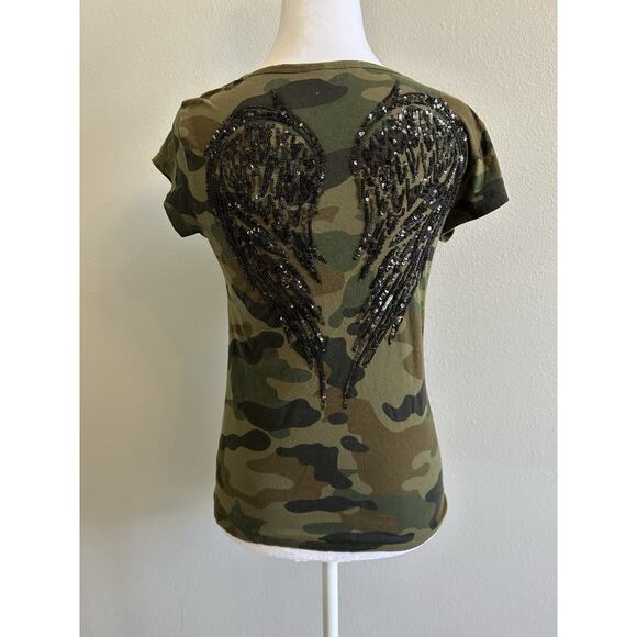 Y2K GUESS Women's Angel Wings VTG Sequins T Tee Shirt Camouflage Grunge Fairy S - Picture 6 of 11